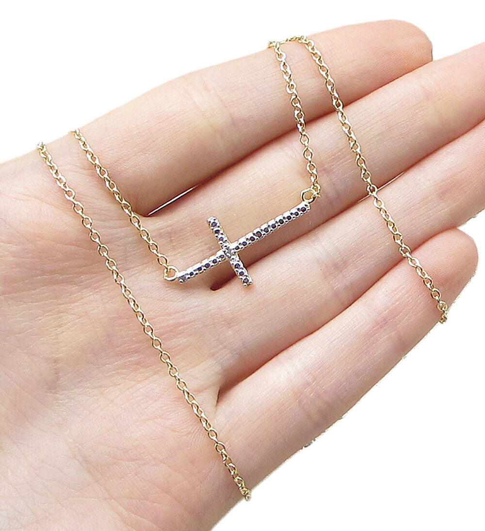 Gold Over 925 Sterling Silver Genuine Diamond Cross Chain Necklace PT1313