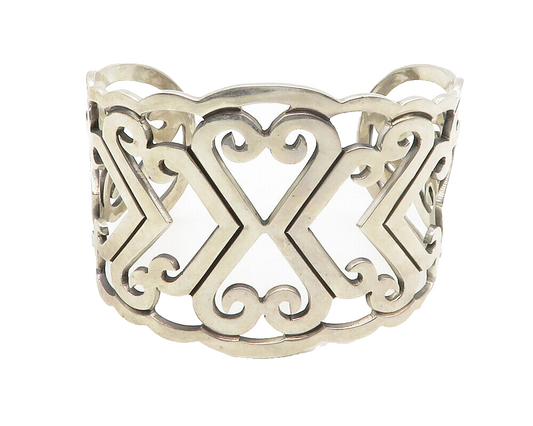 MEXICO 925 Sterling Silver  Vintage Open Love Hearts Cuff Bracelet  BT5172