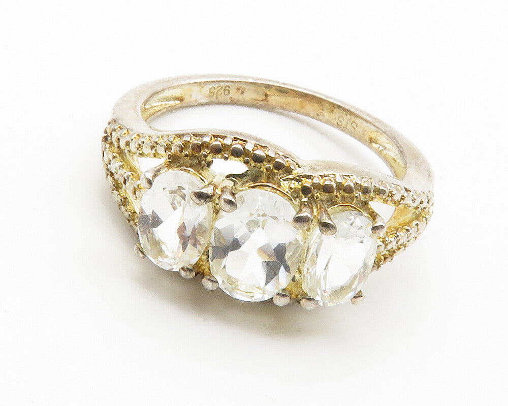 925 Sterling Silver  Vintage Prong Set Topaz 3 Stone Band Ring Sz 7  RG14164