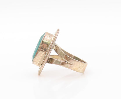 925 Sterling Silver Vintage Ring Oval Green Gemstone Beaded Frame Sz 8.5 RG30757
