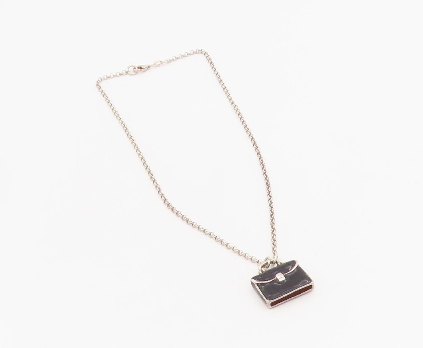 925 Sterling Silver Vintage Necklace Enameled Briefcase Charm Chain  NE4707