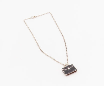 925 Sterling Silver Vintage Necklace Enameled Briefcase Charm Chain  NE4707