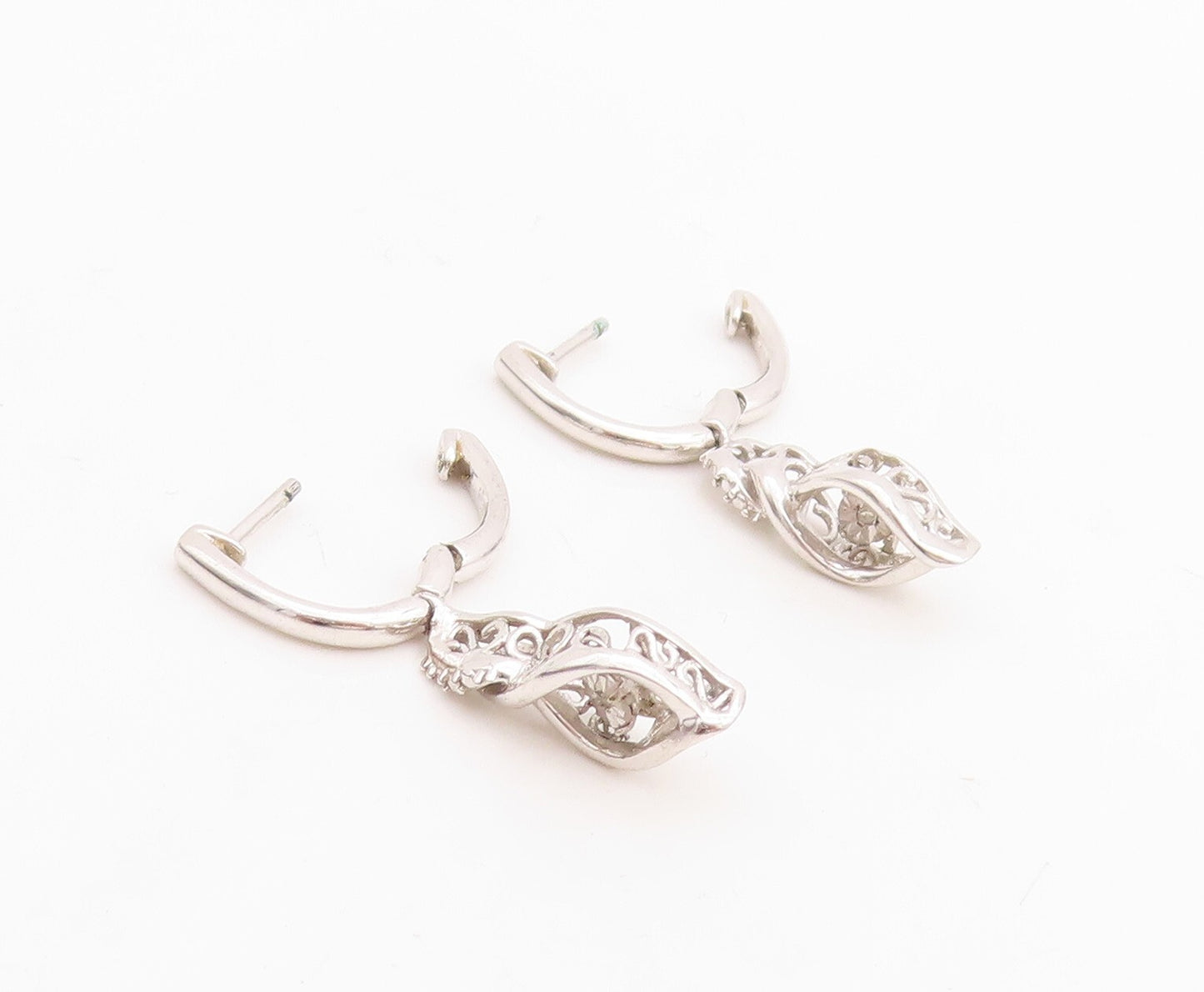 925 Sterling Silver Vintage Earrings Designer Cutout Diamonds Inlay  EG13255