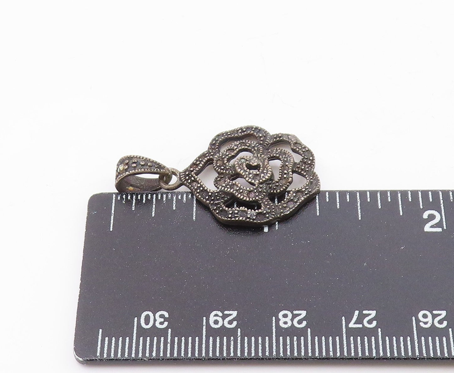 925 Sterling Silver  Vintage Oxidized Open Flower Motif Drop Pendant  PT8598