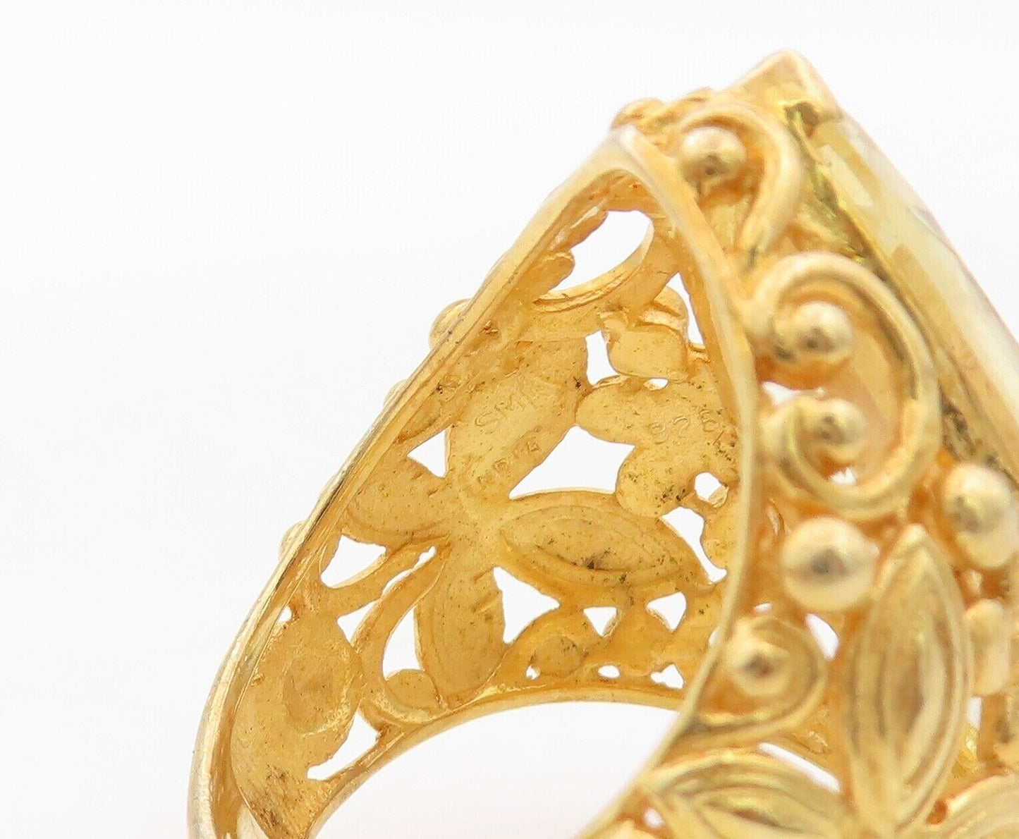 925 Sterling Silver Vintage Ring Gold Plated Carved Lime Quartz  Sz 7  RG30070