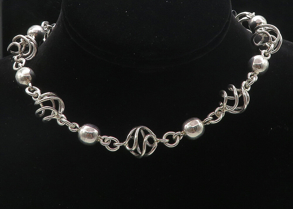MEXICO 925 Sterling Silver  Vintage Shiny Cage Sphere Chain Necklace  NE1408