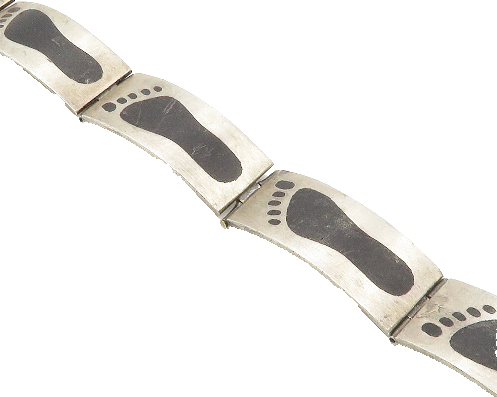 MEXICO 925 Silver  Vintage Black Onyx Footprints Hinge Chain Bracelet  BT5385