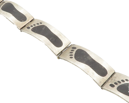 MEXICO 925 Silver  Vintage Black Onyx Footprints Hinge Chain Bracelet  BT5385