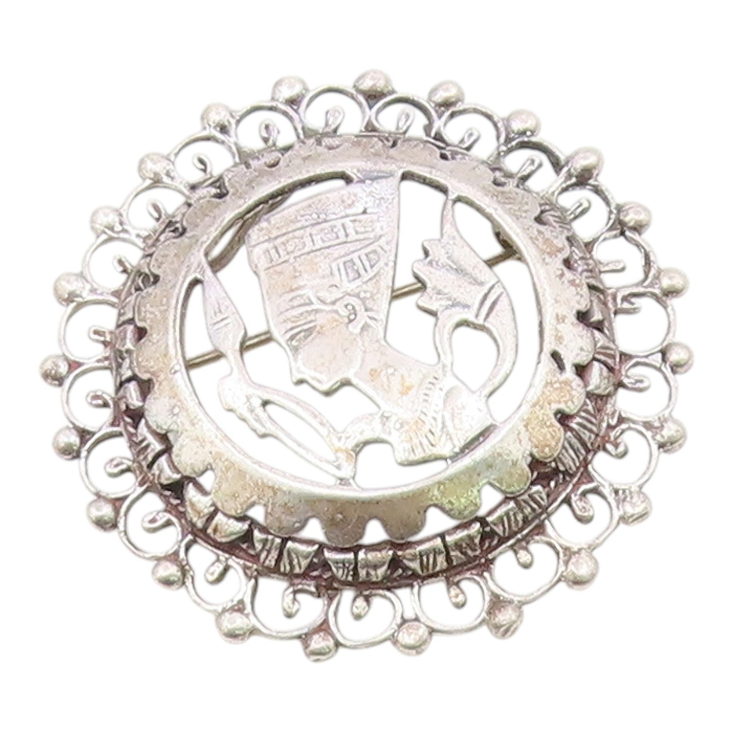 925 Silver  Vintage Beaded Border Openwork Nefertiti Head Brooch Pin  BP9833