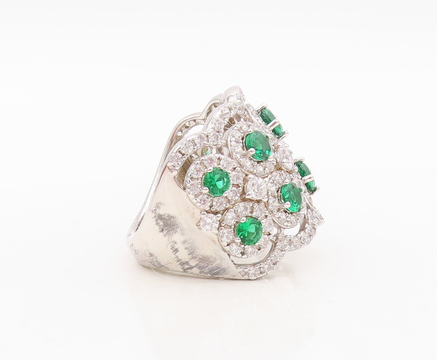 925 Sterling Silver Vintage Ring Round Green Halo White CZ Band  Sz 7  RG30444