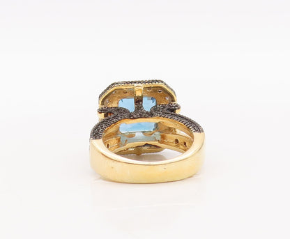 925 Sterling Silver Vintage Ring Gold Plated Diamonds & Blue Topaz Sz 6  RG29918