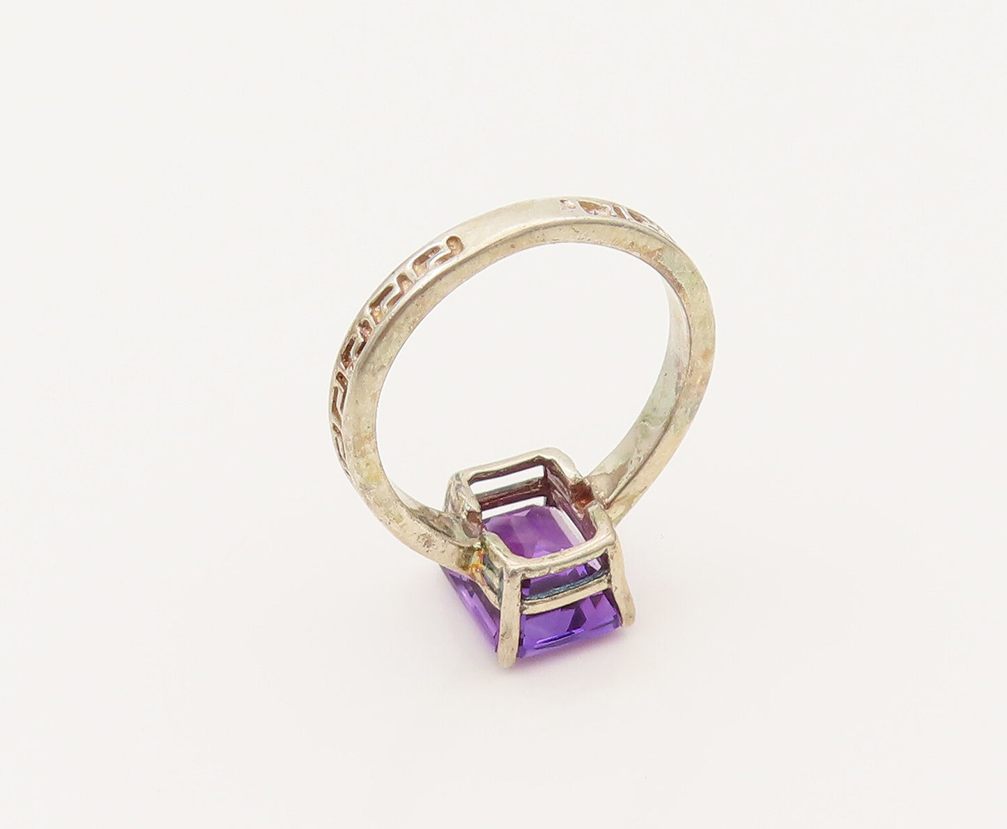 925 Silver  Vintage Rectangle Amethyst Greek Key Shank Ring Sz 7  RG26485