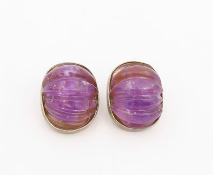 925 Sterling Silver Vintage Earrings Carved Amethyst Button Clip On  EG14131