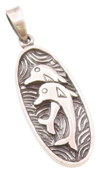 925 Sterling Silver  Vintage Double Coiled Dolphins Drop Pendant  PT20218