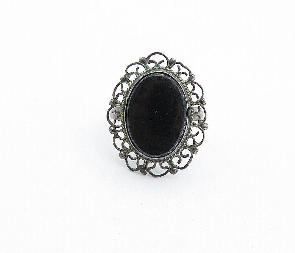 MEXICO 925 Sterling Silver  Vintage Black Onyx Cocktail Ring Sz 7  RG5952