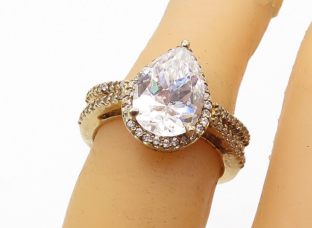 925 Silver  Tear Drop Cubic Zirconia Solitaire With Accents Ring Sz 6  RG4735