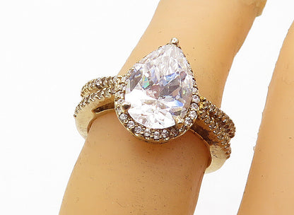 925 Silver  Tear Drop Cubic Zirconia Solitaire With Accents Ring Sz 6  RG4735