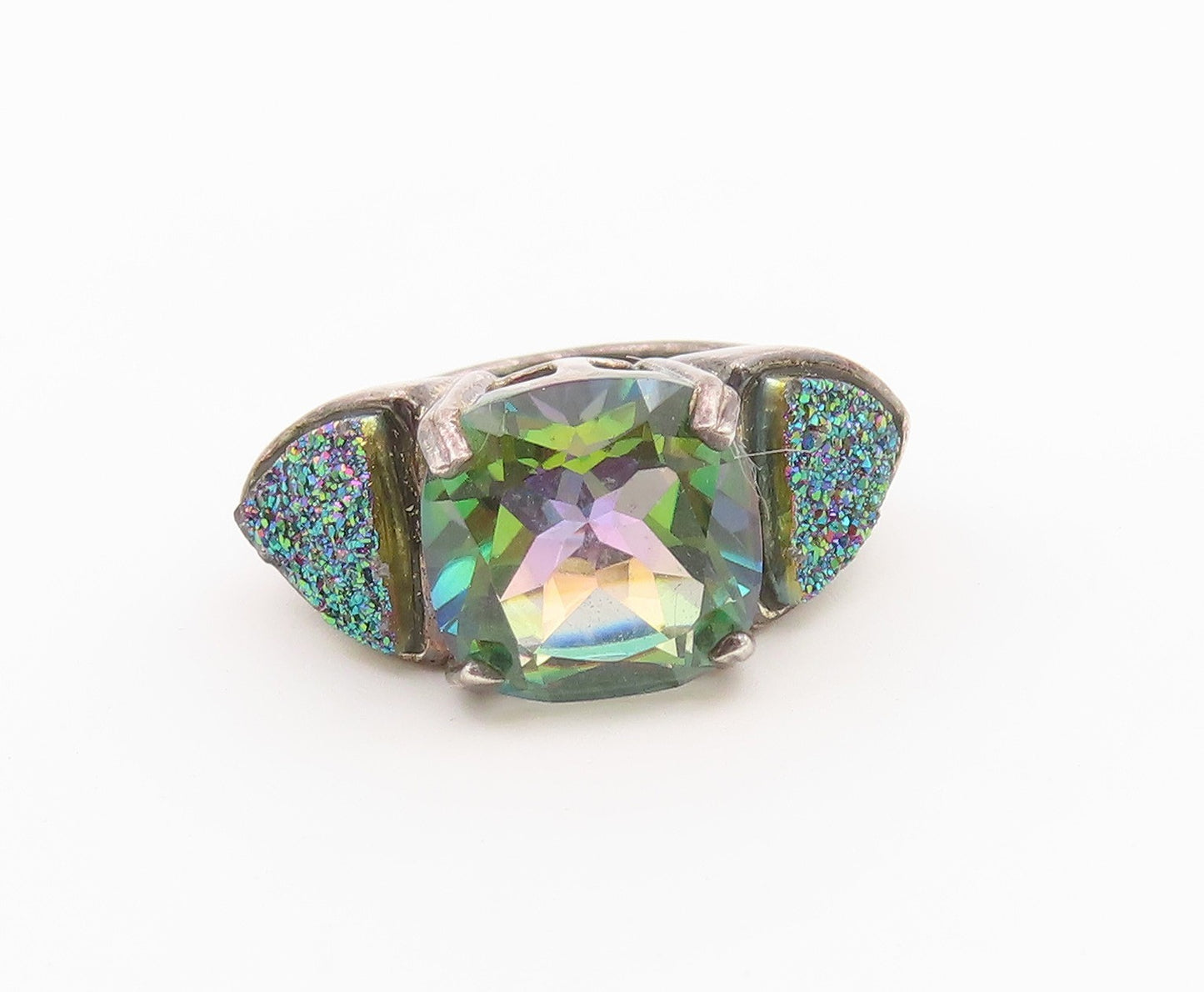 925 Sterling Silver Vintage Ring Mystic Topaz & Drusy Quartz Band  Sz 4  RG36501