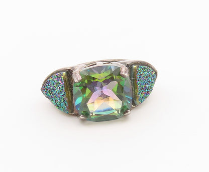 925 Sterling Silver Vintage Ring Mystic Topaz & Drusy Quartz Band  Sz 4  RG36501