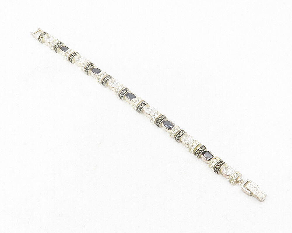 925 Sterling Silver  Cubic Zirconia Hematite & Marcasite Chain Bracelet BT4751