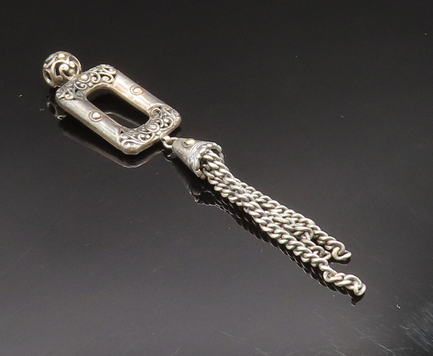 18K GOLD & 925 Silver  Vintage Scrolled Open Rectangle Dangle Pendant  PT20486