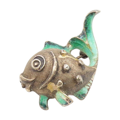 925 Sterling Silver Vintage Brooch Pin GERMANY Enamel Happy Fish Charm  BP12415