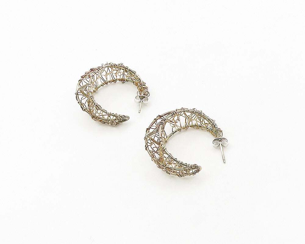 925 Sterling Silver  Vintage Shiny Modernist Wire Art Hoop Earrings  EG9244