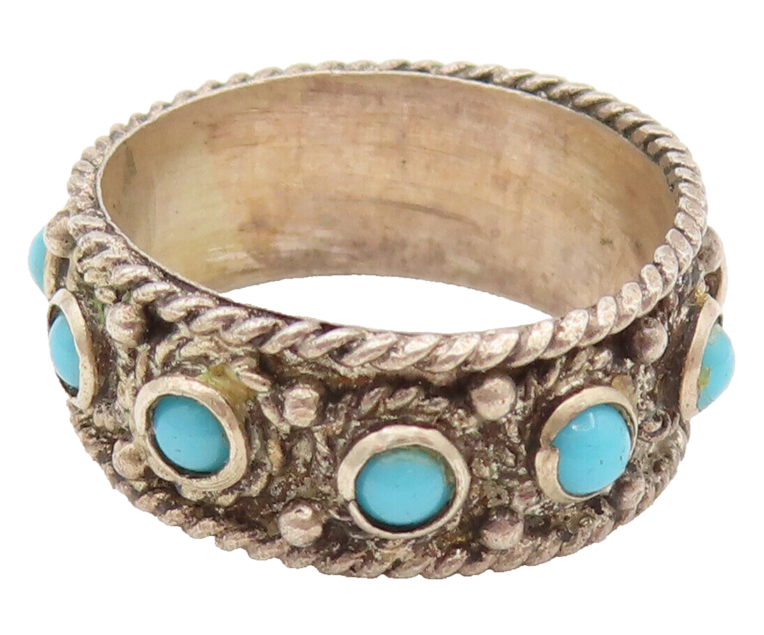 925 Silver  Vintage Twisted Rope Detail & Turquoise Band Ring Sz 6.5  RG26190