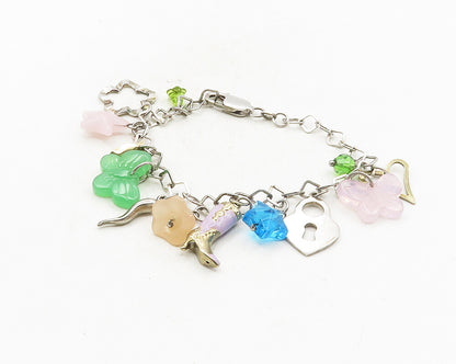 925 Sterling Silver  Jade Topaz & Rose Quartz Charmed Chain Bracelet  BT4256