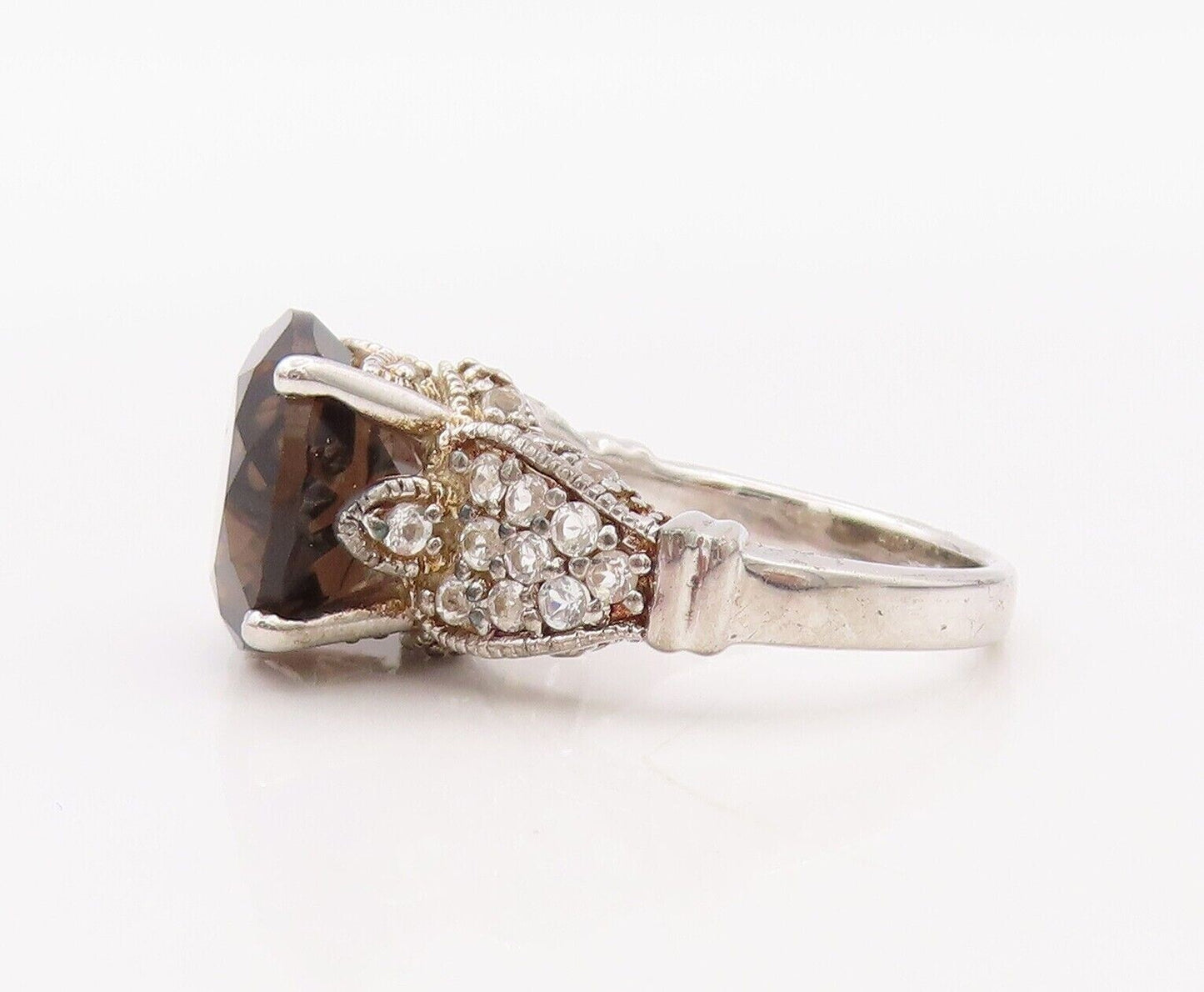 925 Sterling Silver Vintage Ring Round Smoky Quartz Carved Topaz  Sz 7  RG30185