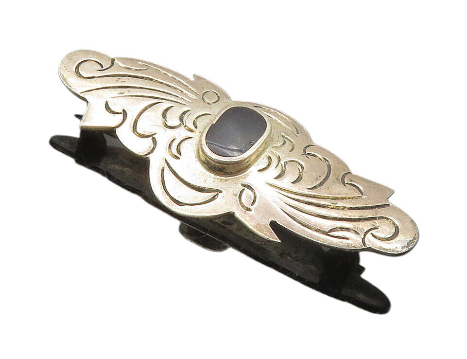 MEXICO 925 Sterling Silver  Vintage Black Onyx Etched Swirl Brooch Pin  BP3386