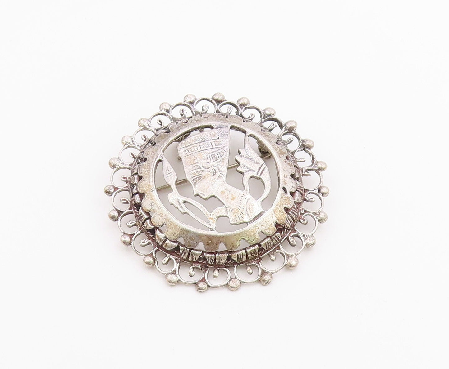 925 Silver  Vintage Beaded Border Openwork Nefertiti Head Brooch Pin  BP9833