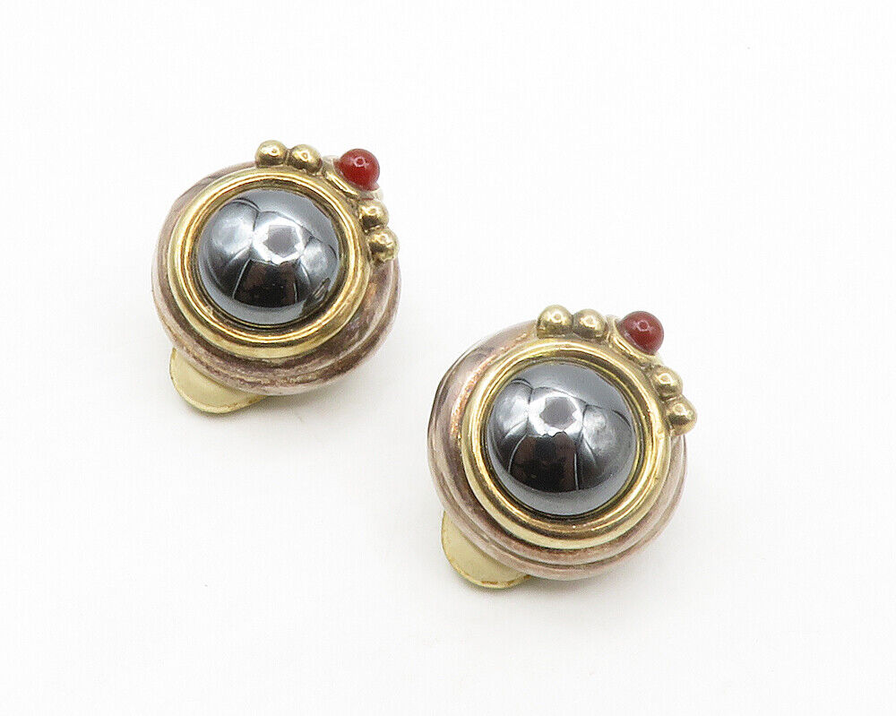 ISRAEL 925 Silver  Vintage Hematite & Garnet Non Pierce Drop Earrings  EG7110