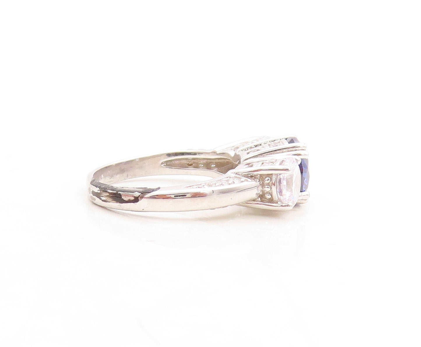 925 Sterling Silver Vintage Ring Round Sapphire & CZ Side Stones Sz 7  RG30112