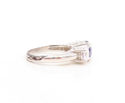 925 Sterling Silver Vintage Ring Round Sapphire & CZ Side Stones Sz 7  RG30112