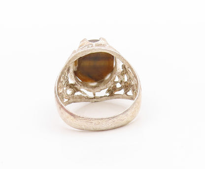 925 Sterling Silver Vintage Ring Floral Cutout Oval Tiger's Eye  Sz 11  RG33334