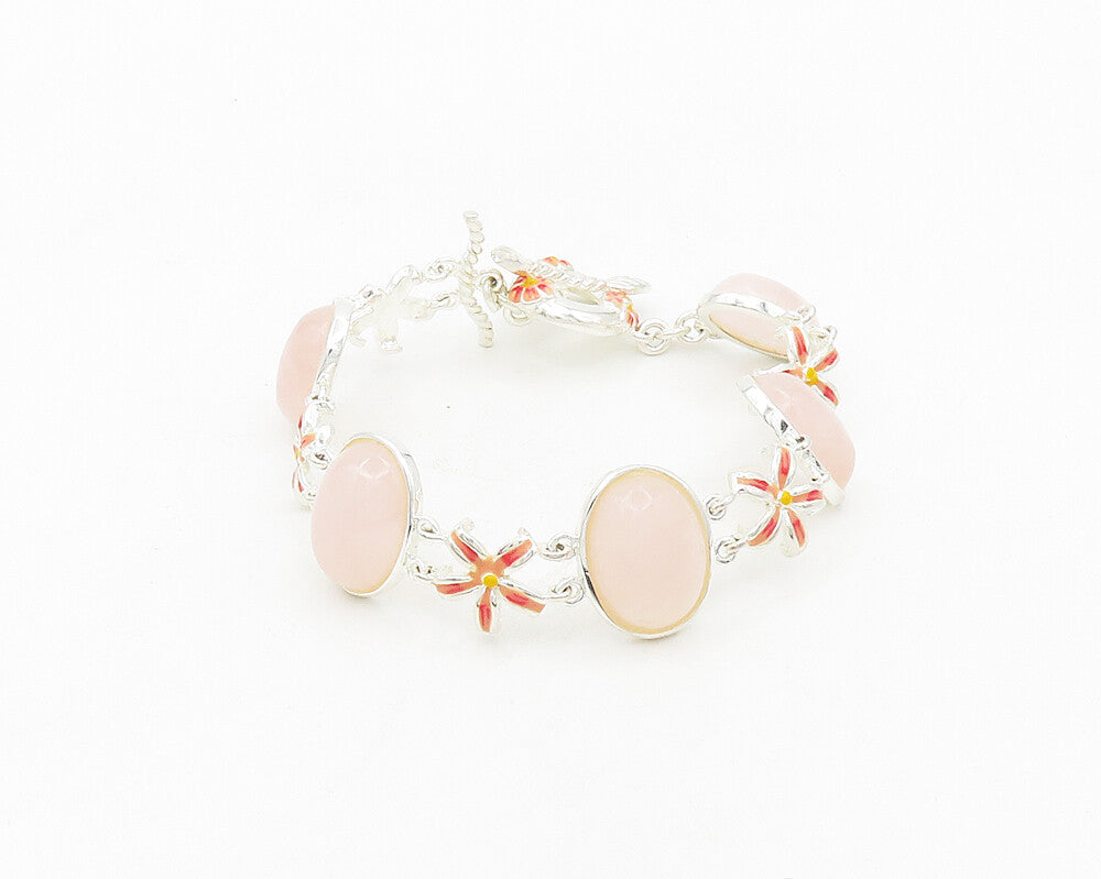 DAVID SIGAL 925 Silver  Cabochon Cut Rose Quartz Floral Chain Bracelet  BT7617