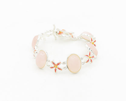 DAVID SIGAL 925 Silver  Cabochon Cut Rose Quartz Floral Chain Bracelet  BT7617