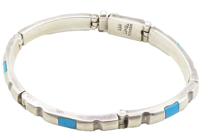 MEXICO 925 Sterling Silver  Vintage Turquoise Bar Link Chain Bracelet  BT4367