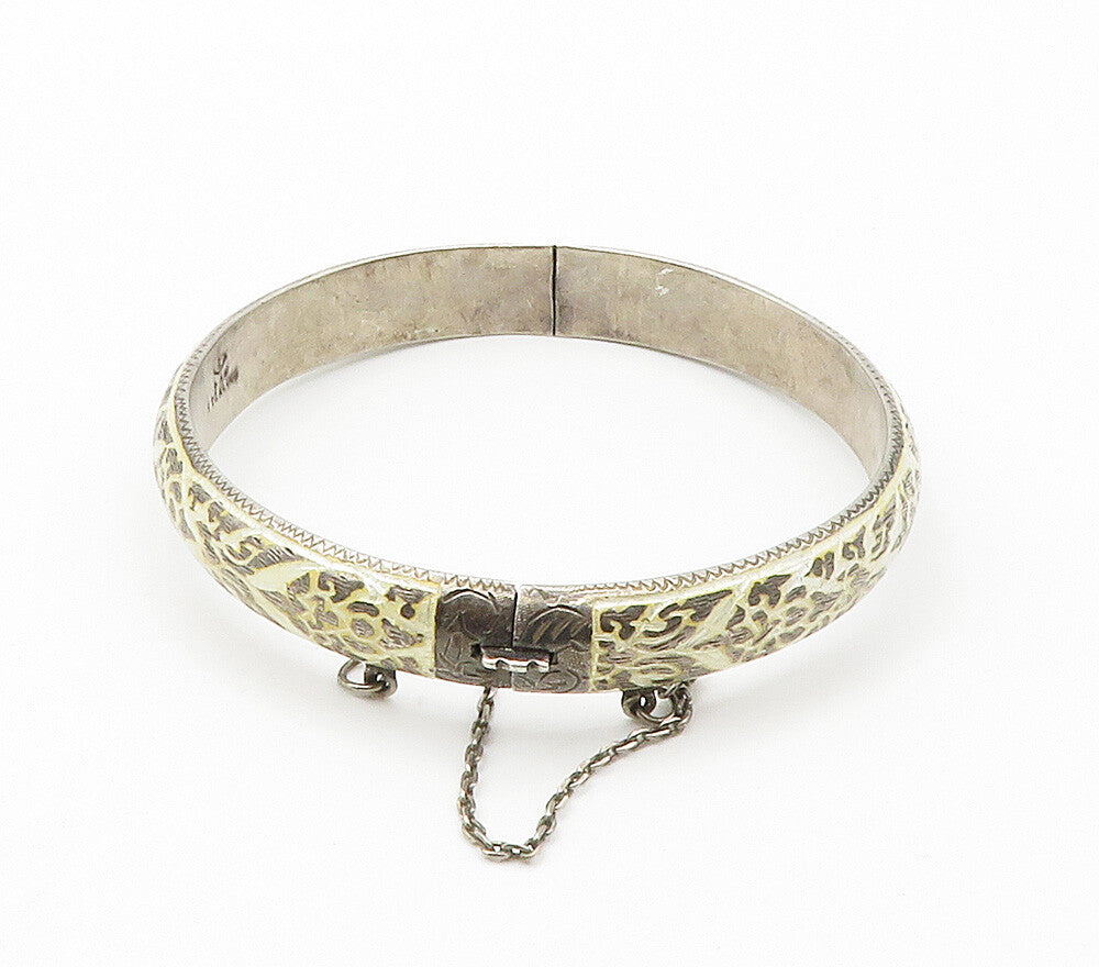 SIAM 925 Sterling Silver  Vintage Enamel Coated Floral Bangle Bracelet  BT6095