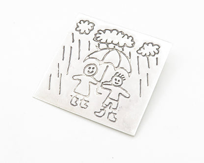 MEXICO 925 Sterling Silver  Vintage Etched Kids In The Rain Brooch Pin  BP4180