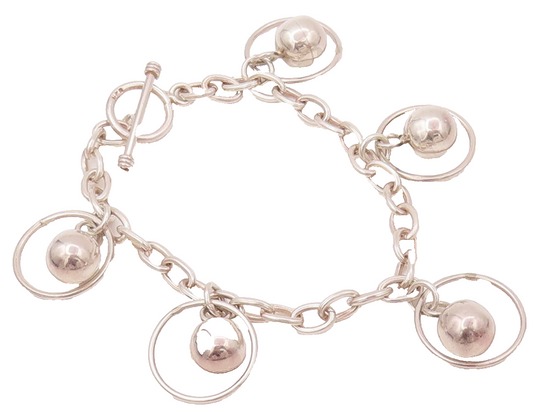 925 Silver  Vintage Round Link Chain Dangling Beaded Ring Bracelet  BT9862