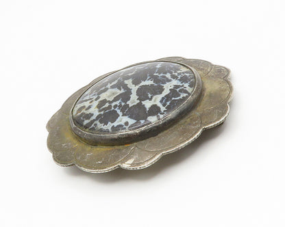 925 Sterling Silver  Vintage Spotted Jasper Floral Oxidized Brooch Pin  BP5323