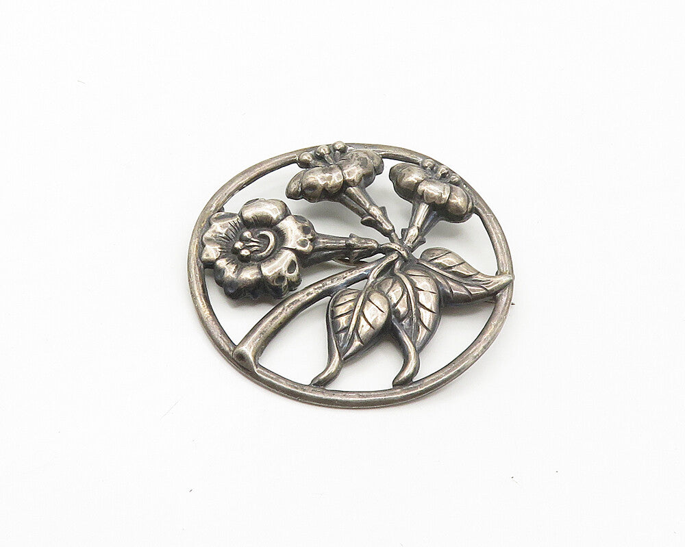 DANECRAFT 925 Silver  Vintage Dark Tone Floral Motif Round Brooch Pin  BP7027