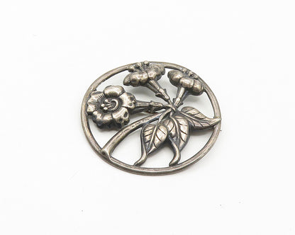 DANECRAFT 925 Silver  Vintage Dark Tone Floral Motif Round Brooch Pin  BP7027
