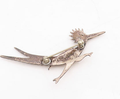 925 Sterling Silver Vintage Brooch Pin Larimar Eye Road Runner Bird  BP11466