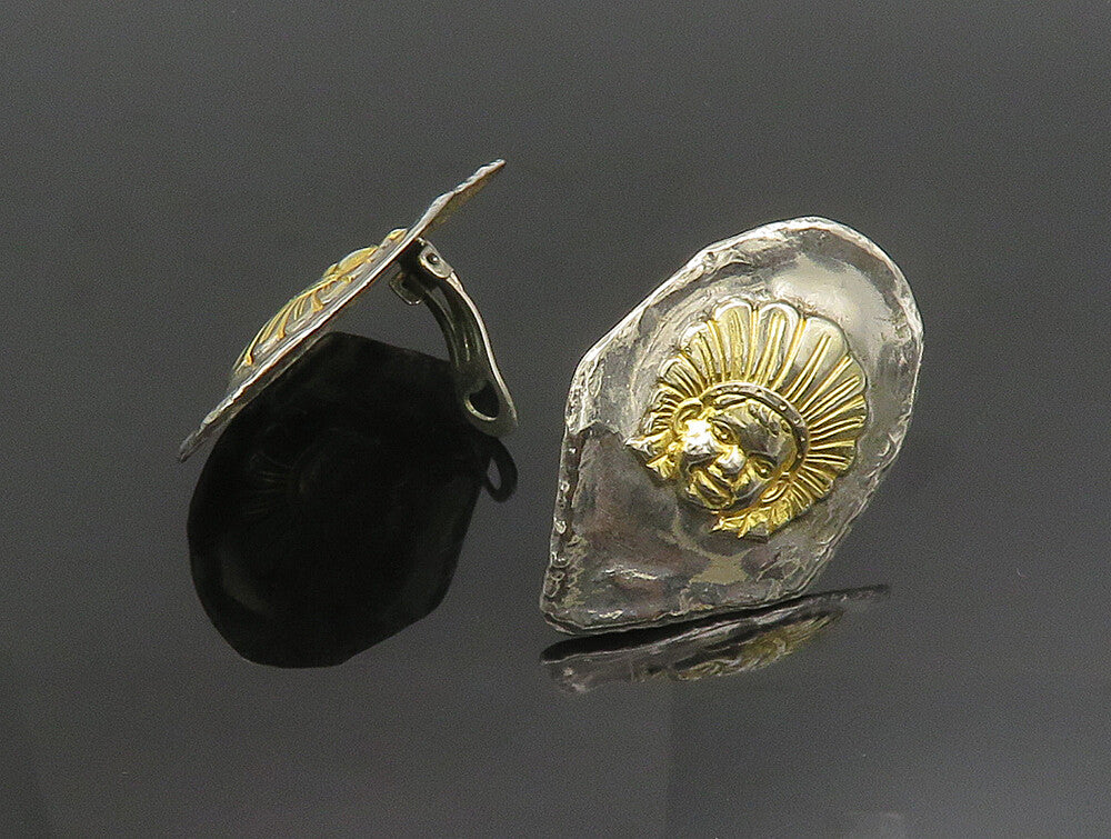 925 Silver  Vintage Shiny Two Tone Tribal Head Non Pierced Earrings  EG11682