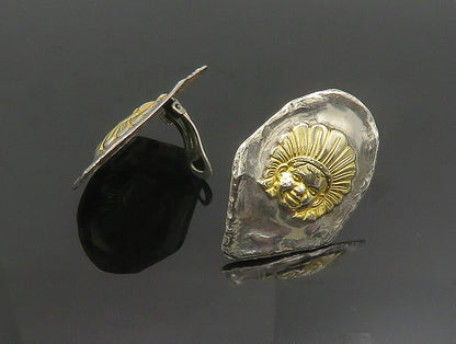 925 Silver  Vintage Shiny Two Tone Tribal Head Non Pierced Earrings  EG11682