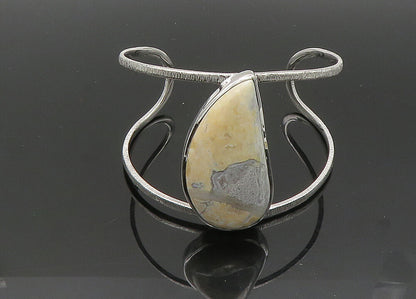 925 Sterling Silver  Vintage Cabochon Jasper Shiny Split Cuff Bracelet  BT8260