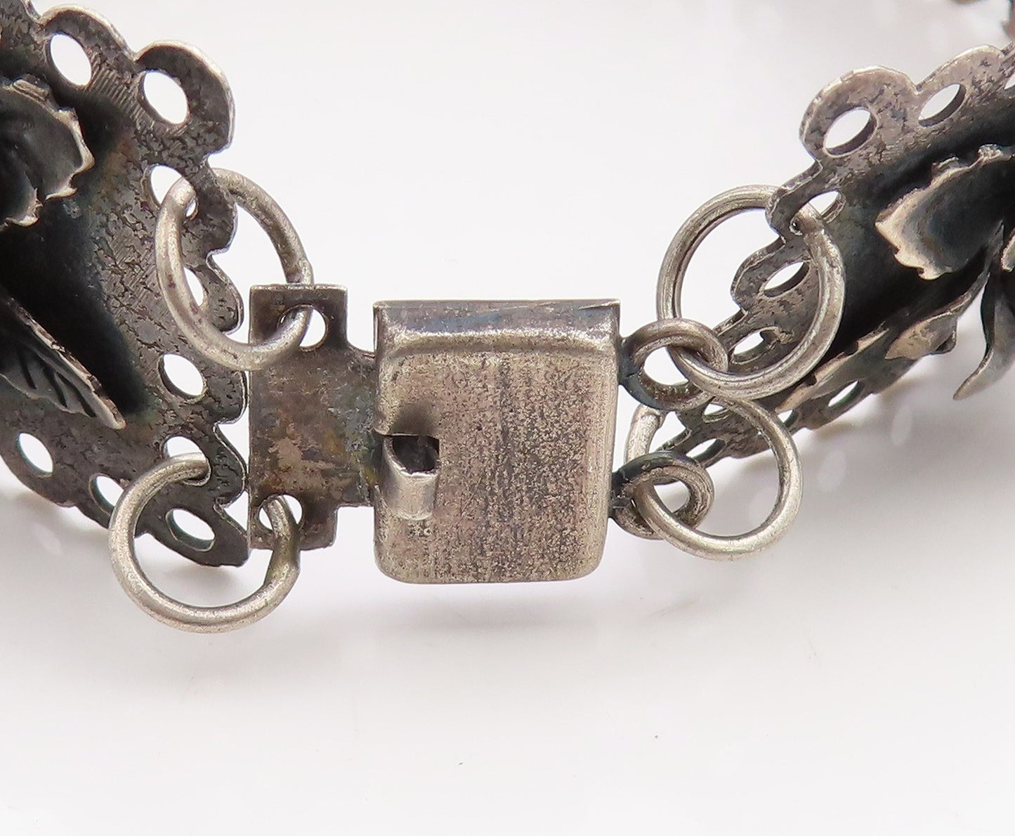 925 Sterling Silver Vintage Bracelet Dark Tone Floral Roses Link Chain  BT11429